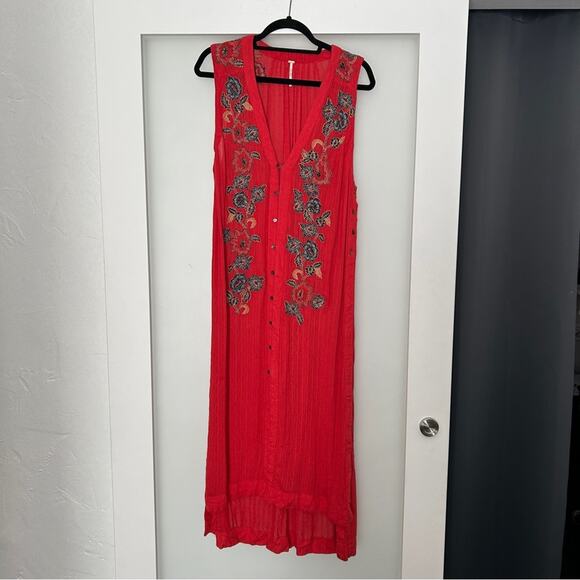 Free people red embroidered sleeveless duster button front dress XS - Picture 2 of 12